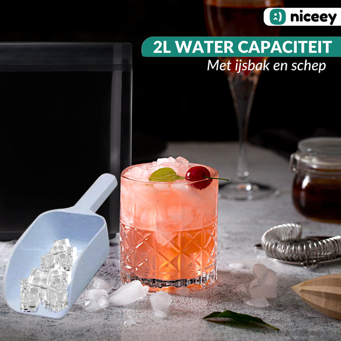 Niceey IJsblokjesmachine Plus -  2 Liter - 6-8 Min. - 12kg/24u - met IJsschep - Zwart