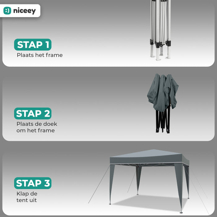 Niceey Partytent - 3x3m - Paviljoen - Opvouwbaar en Waterdicht  - Tuintent - Easy Up - Draagtas met Wielen - Grijs