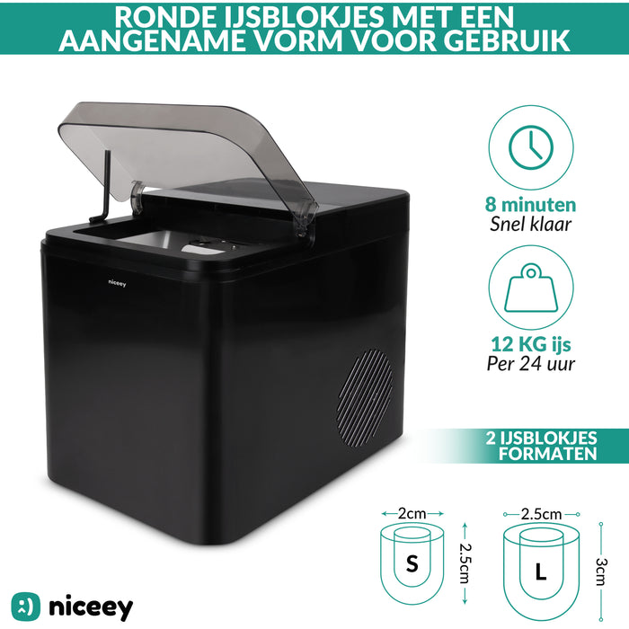 Niceey IJsblokjesmachine Plus -  2 Liter - 6-8 Min. - 12kg/24u - met IJsschep - Zwart